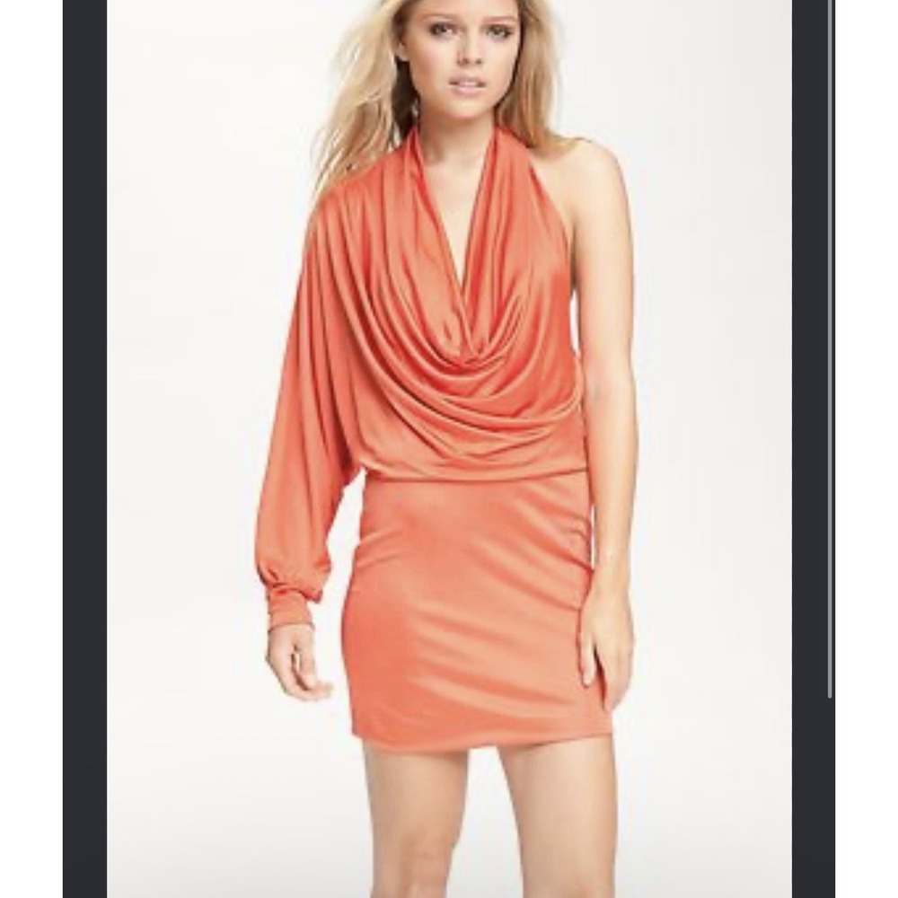 Black Halo Mini Dress Orange One Shoulder Cowl Neck Sheath Sz L Formal Bodycon